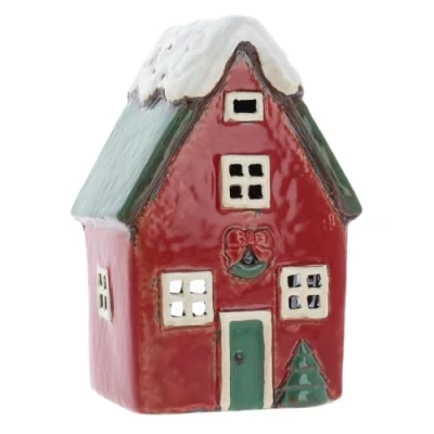 Image of Shudehill Giftware Village Pottery Ceramic Xmas House Tealight Holder Red