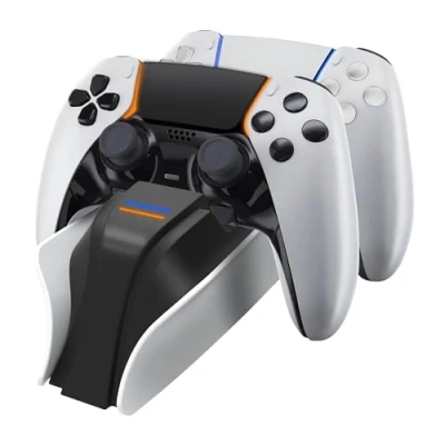 Image of Snakebyte PS5 TWIN:CHARGE 5 PlayStation charging station for DualSense controller, charger kit 2 wireless controllers including Type C cable, LED charge status display, design, White