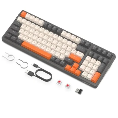 Image of FREEWOLF K8 Wireless Hot Swap Mechanical Gaming Keyboard, Wired RGB Rainbow Backlit Keyboard Red Switch, Bluetooth 5.0/2.4Ghz/USB C Tri Mode with 4000mAH BatteryUS Layout for Mac/Win Grey/Orange