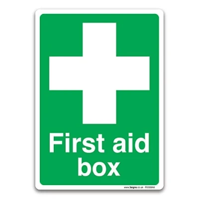 Image of British Standard First Aid Box Sign, Self adhesive Vinyl Sticker, Emergency and Safety Signs (A6 148x105mm)