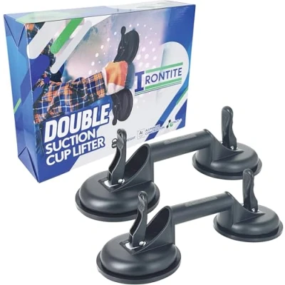 Image of IRONTITE 2 Pack Heavy Duty Suction Cups, Dual Aluminium Glass Cup Lifter Upto 100kg, Window Cups For Glass, Tile, Steel. 12cm Diameter. (BLACK)