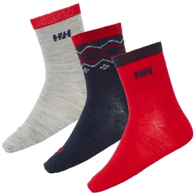 Image of Helly Hansen Unisex Kids 3pk Wool Socks, 951 GREY MELANGE/ NAVY/ RED, 8.5 10 UK