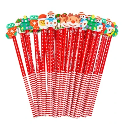 Image of THE TWIDDLERS 100 Christmas Themed Pencils with Rubber Erasers, Santa Xmas Tree Reindeer Snowman, Assorted Festive Designs for Kids Gift Toys, Party Bag Fillers Favours