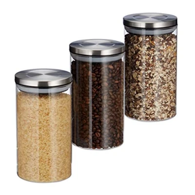 Image of Relaxdays 10027998 Glass Set of 3, 1 L, Airtight, Stainless Steel Lids, for Coffee, Tea, Sugar, Kitchen Jars, Transparent