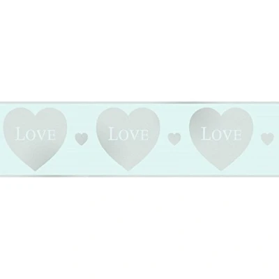 Image of Fine Decor Glitz Hearts Glitter Wallpaper Border Teal / Silver (DLB50148)
