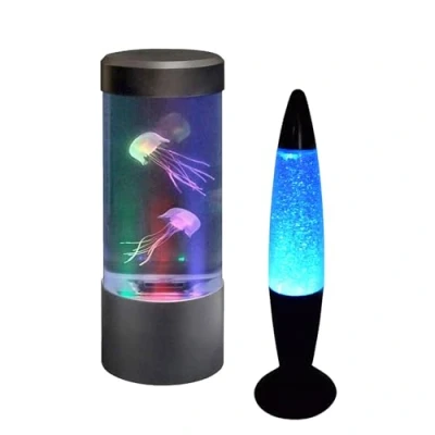 Image of Colour Changing LED Mood Light Round Mini Jellyfish Tank &amp; Sensory Glitter Lamp LED, Shake and Shine Black Base