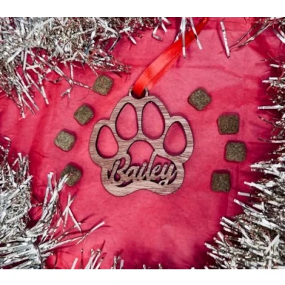 Image of Personalised Dog/Cat Paw Christmas Decoration Hanging Bauble (Ply Dark Wood)