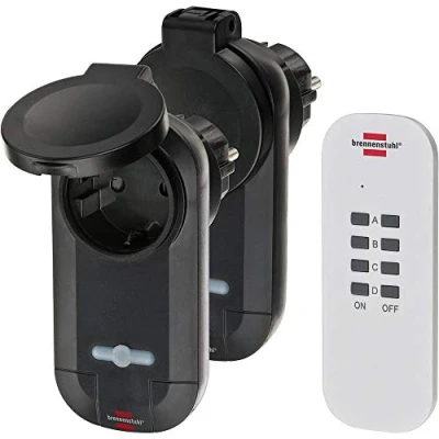 Image of Brennenstuhl 1507030 Radio Switch Comfort Line RC CE1 0201&quot; IP44 3 Piece Set, Black and White, 2 Funksteckdosen Außenbereich