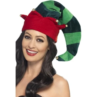 Image of Smiffys Plush Elf Hat, Green with Bells, Christmas Fancy Dress Accessory, Up Hats