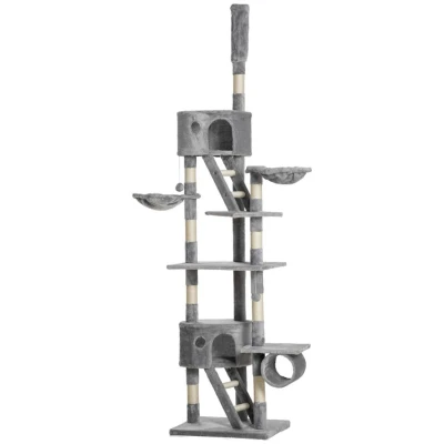 Image of PawHut 240 260cm Floor to Ceiling Cat Tree with Scratching Posts Light Grey