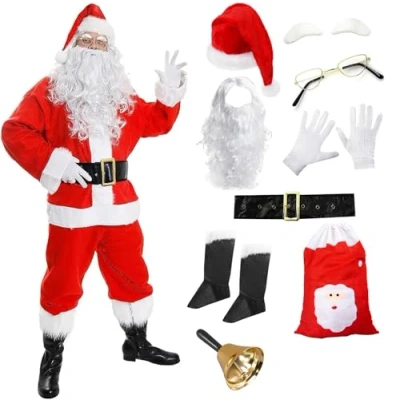 Image of Santa Claus Costume 12 Piece Father Christmas Fancy Dress Includes: Costume, Wig, Beard, Sack, Glasses, Eyebrows, Gloves &amp; Hand Bell