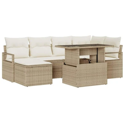 Image of vidaXL 7 Piece Garden Sofa Set with Cushions Beige Poly Rattan
