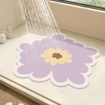 Image of Round Shower Mat Flower Bath for Inside Shower,PVC Loofah Bathroom Floor Mat,Non Slip Bathmat Anti Mould with Drain,Quick Drying (Purple,60x60cm)