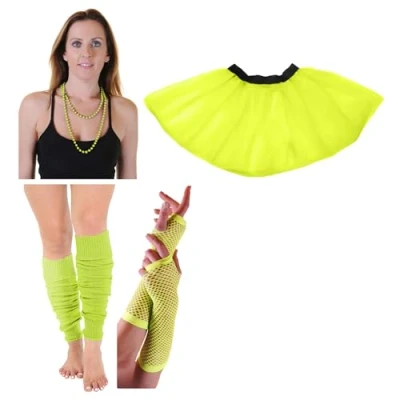 Image of Womens Neon 2 Layer Tutu Skirt Leg Warmer Fishnet Gloves 5 Pieces Set Ladies Novelty Fancy Party Dress Costume (UK 8 14, Yellow)