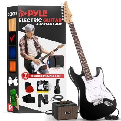 Image of Pyle Full Size Electric Guitar Kit with 5W Amplifier, Gig Bag, Picks, Spare Strings, and Strap, ST Style Beginner Bundle 22 Frets, Paulownia Wood Body, Black