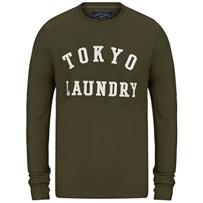 Image of Tokyo Laundry Men&#039;s Norsk Felt Applique Logo Cotton Long Sleeve Top Green Leaf S