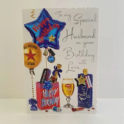 Image of Jonny Javelin Special Husband Birthday With Love Card Balloons Presents Beer Glass