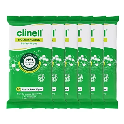 Image of Clinell Universal Biodegradable Cleaning and Disinfectant Wipes for Surfaces Pack of 6 60 per (360 Wipes) Plastic Free Multi Purpose Wipes, Kills 99.99% Bacteria &amp; Viruses, Green