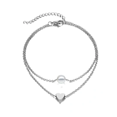 Image of Pearl Heart Anklet Bracelet Boho Layered Love Beads Foot Chain Beach Adjustable Barefoot Sandal Jewelry for Women Girls Teens (Silver)