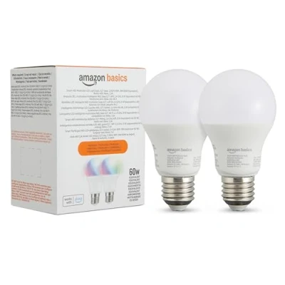 Image of Amazon Basics Smart A60 Multicolor LED Light Bulb, E27 Base, 2.4GHz WiFi, 8W (60W Equivalent), Works with Alexa Only, 2 Pack
