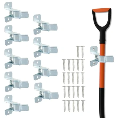 Image of BELLE VOUS Wall Mounted Garden Tool Holder Clips (10 Pack) Heavy Duty Organiser Hooks for Mops, Brooms, Shovels &amp; Rakes Hangers Garage Shed