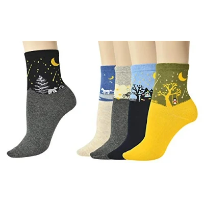 Image of Vinsani® Winter Night Scene Print Socks 5 Pairs Pack Multi Design &amp; Colour OneSize Fits All Cotton
