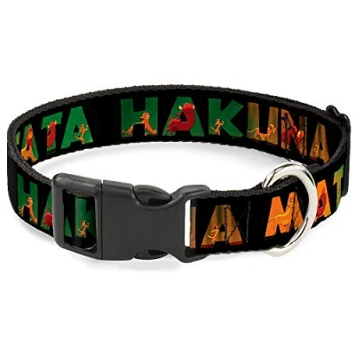 Image of Buckle Down Plastic Clip Collar HAKUNA MATATA Black/Lion King Scenes 1&quot; Wide Fits 15 26&quot; Neck Large