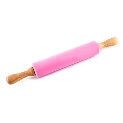 Image of Legend Small Pink Silicone Rolling Pin with Non Stick Surface. Roller for Pizza, Cookies, Dough, Chapatis, Dumpling Wrappers. Wooden Handles. UK