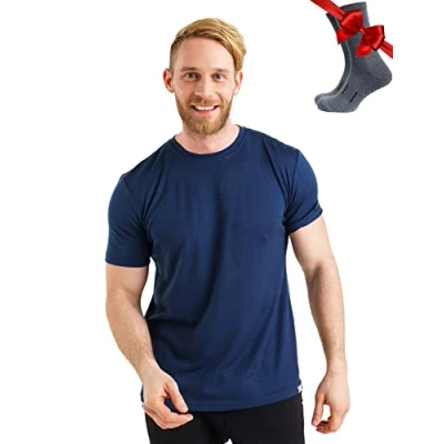 Image of Merino.tech Merino Wool T Shirt Mens 100% Organic Base Layer Men Undershirt Lightweight + Hiking Socks (Large, Navy)