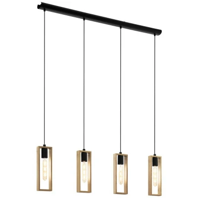 Image of Eglo Littleton Pendant lamp, 4 Light Vintage lamp in Industrial Design, Retro Hanging Made of Steel and Wood, Colour: Black, Brown, Socket: E27