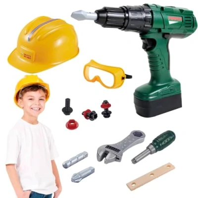 Image of Coo11 Kids Pretend Construction Play Set, Simulating Drill Tool Boy Girls Toys Builder Craftsman, Yellow Helmet And Accessories, Suitable for 3+ years