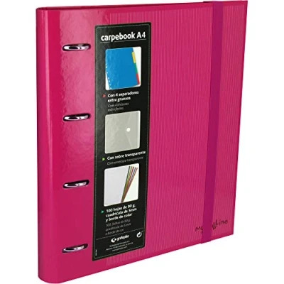 Image of Grafoplás 88102054 Folder 4 Rings Punched A4 with Transparent Envelope, Dividers and 100 Sheets, Pink, of 35 mm, Rubber Closure, Carpbook Multiline