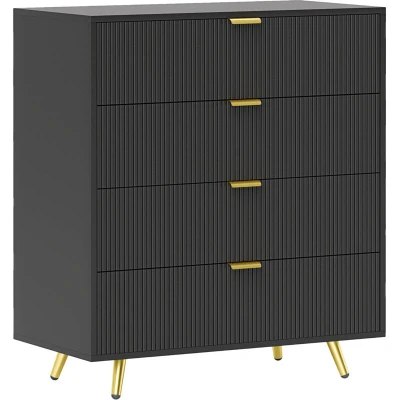 Image of HOMCOM Bedroom Chest of Drawers with 4 Drawers, Fluted Dresser Gold Tone Handles, Storage Cabinet for Bedroom, Living Room, Hallway, Entryway, Black