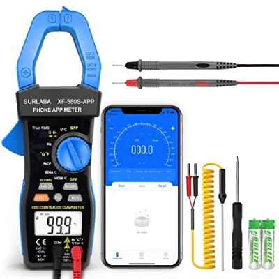 Image of SURLABA Bluetooth Clamp Meter, Digital Multimeter AC DC TRMS 6000Count, Voltage Current Tester APP Supported, Auto Range NCV Volt Amp Capacitance Resistance Temperature Continuity Diode Frequency Test