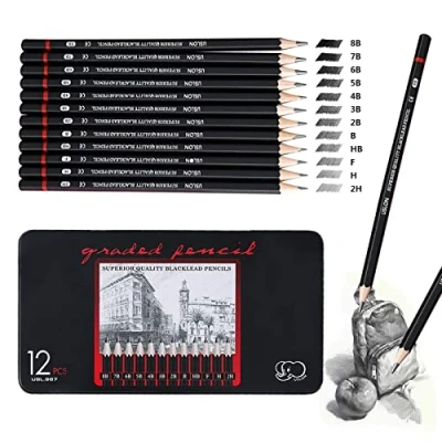 Image of ariel gxr Sketching Pencils,12pcs Drawing Pencils Professional Set 8B 7B 6B 5B 4B 3B 2B B HB F H 2H Art for Adults Artists Beginners Students Designers and Kids