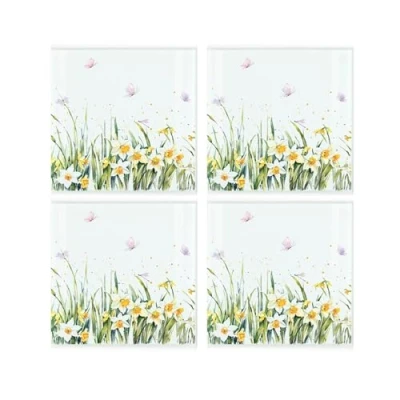 Image of Daffodil Coaster Set Square Glass Spring Time Flowers of Four (4) Coasters
