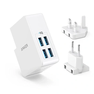 Image of Anker USB Plug 5.4A/27W 4 Port , Wall Charger, PowerPort Lite with Interchangeable UK and EU Travel Adapter for iPhone XS/XS Max/XR/X/8,Galaxy S8/Note 3,iPad Air 2/mini 3,and More
