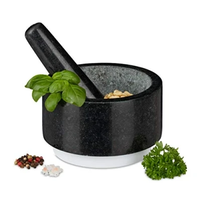Image of Relaxdays 10029954 Pestle, Spices, Herbs, Polished Stone Mortar, Ø 14 cm, Vol. 400 ml, Granite, Grey/White