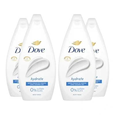 Image of Dove Hydrate Body Wash 0% Sulfate SLES for Women Made with Naturally Derived Cleansers and Plant Based Moisturiseres Gently Cleanses Softer Smoother Skin, 450ml Pack of 4