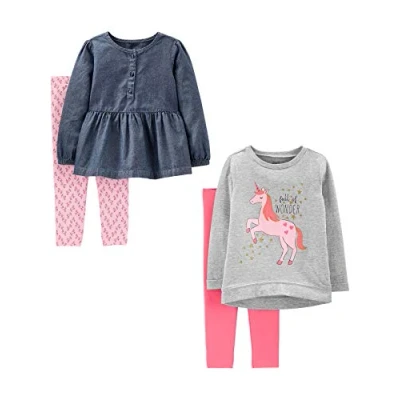 Image of Simple Joys by Carter&#039;s Girls&#039; 4 Piece Long Sleeve Shirts and Pants Playwear Set, Denim/Grey Unicorn/Light Pink/Pink, 2 Years