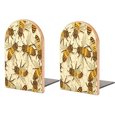 Image of Honey Bees Wooden Book Ends Non Slip Stand Holder Bookshelf Bookends For Shelves Home Office Decor