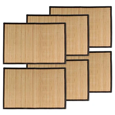 Image of BambooMN Bamboo Slats Placemat with Fabric Border Solid Colour Print 17.5&quot; x 12&quot; Brown Black Border, 8 pcs