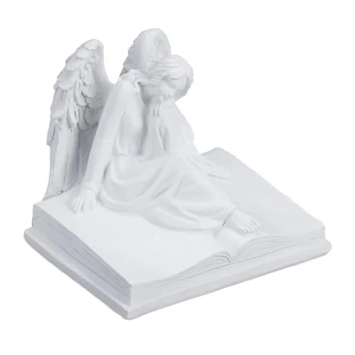 Image of Relaxdays Grave Angel, Weatherproof, Frost proof, HxWxD: 15 x 17.5 15.5 cm, Decorative Guardian on Book, Resin, White, Polyresin