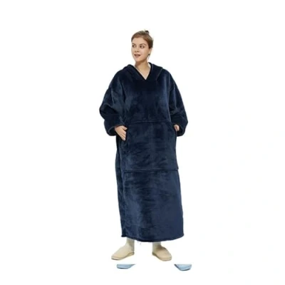 Image of ALIBRAHIM Extra Long Oversized Blanket Hoodie for Women and Men, Super Soft Warm Cozy Wearable Sweatshirt Adults Thick Flannel with Sleeves Giant Pocket Navy Blue