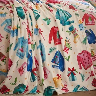 Image of Catherine Lansfield Christmas Jolly Jumpers Cosy Fleece 130x170cm Blanket Throw Cream