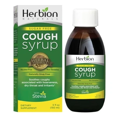 Image of Herbion Naturals Sugar Free Cough Syrup with Stevia, Helps Relieve and Soothes Sore Throat, for Adults Kids 6 Months Above, 5 FL Oz