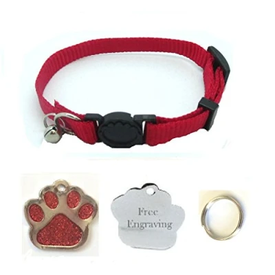 Image of Cat Collar, With Bell, Quick Release Free Engraved Glitter Paw ID Tag &amp; P&amp;P (Red)