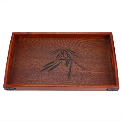 Image of Wooden Serving Tray Solid Wood Rectangular Water Drinks Breakfast Tea with Handle