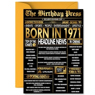 Image of Gold 54th Birthday Card for Men Women Black &amp; Golden Newspaper Born in 1971 Happy 54 Cards Nanny Grandad Husband Brother Nan Colleague, A5 Bday Greeting