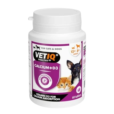 Image of VETIQ Calcium + D3 Supplement For Cats &amp; Dogs with Phosphorus, Bones Teeth Easy Absorption, 60 Tablets